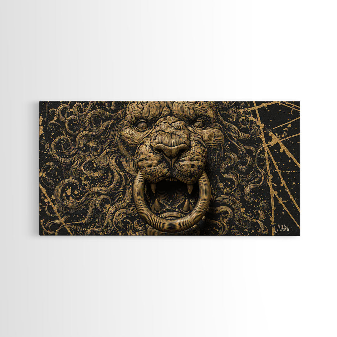 Golden Lion Door Knocker Close Up, Gold Canvas Art, Real Wood Frame, Splatter Style Animal Decor, Regal Lion Artwork