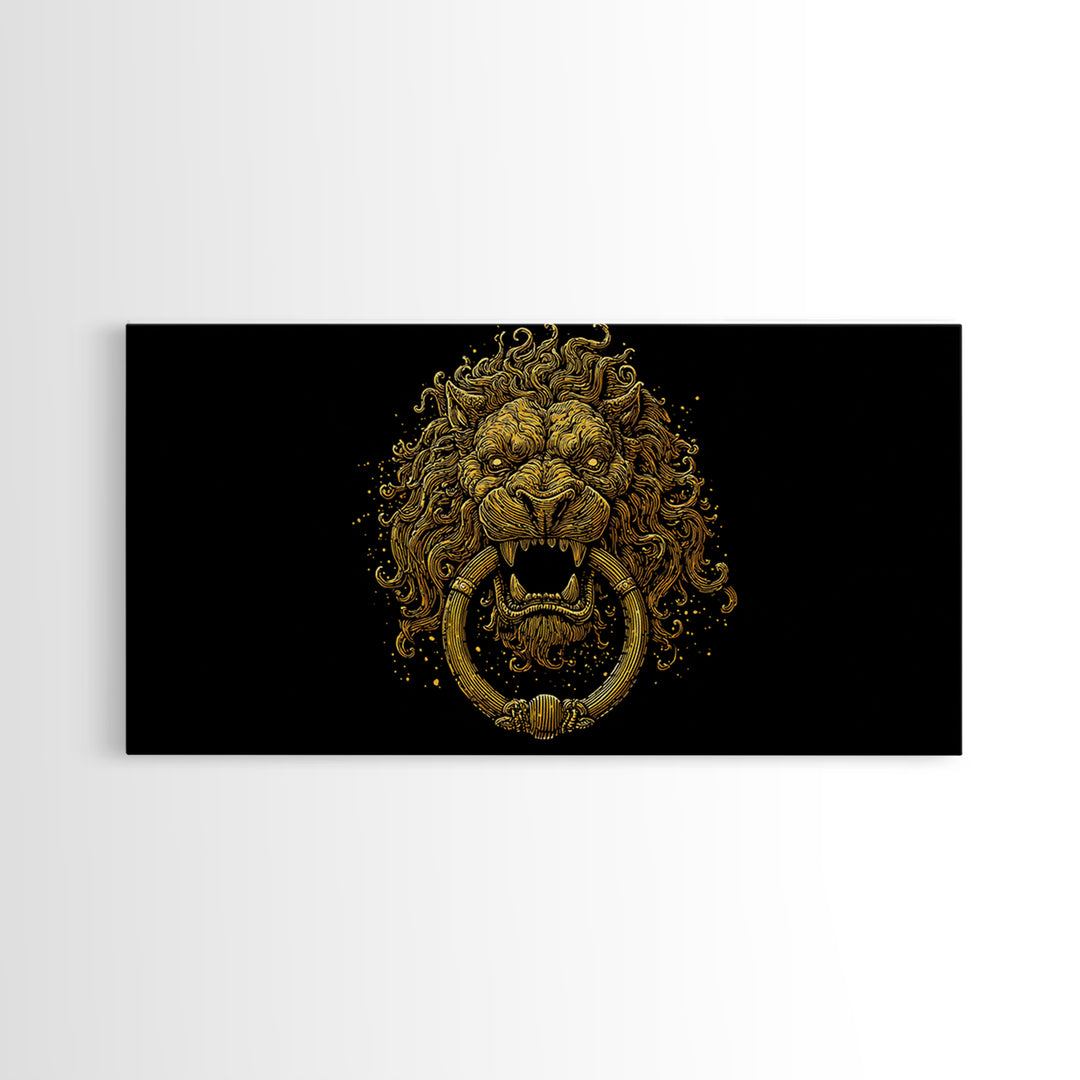 Golden Lion Door Knocker, Gold Canvas Print, Real Wood Frame, Majestic Animal Wall Art, Regal Gold Illustration