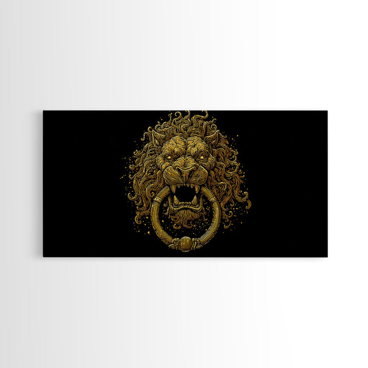 Golden Lion Door Knocker, Gold Canvas Print, Real Wood Frame, Majestic Animal Wall Art, Regal Gold Illustration