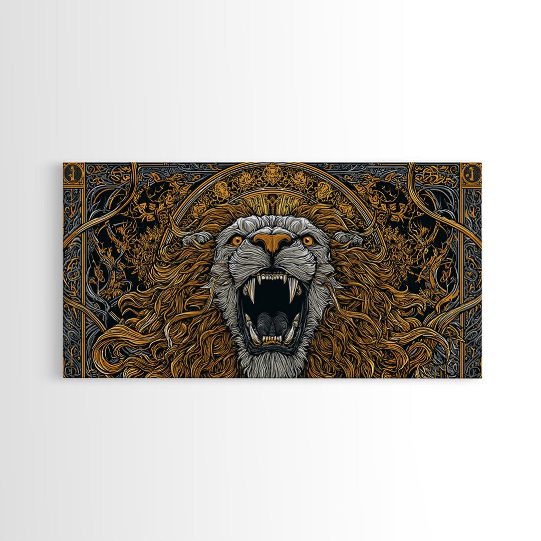 Roaring Golden Lion, Gold Canvas Art, Real Wood Frame, Mythology Inspired Animal Decor, Powerful Lion Wall Artwork