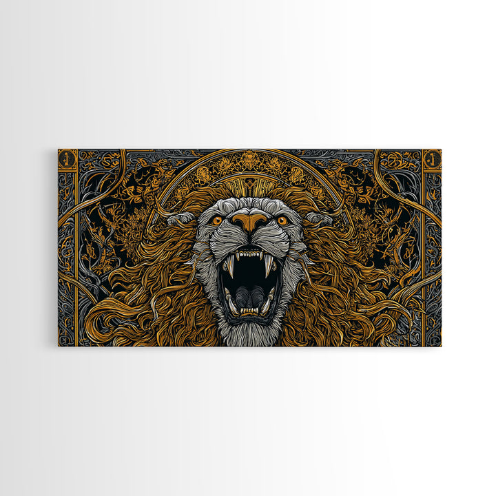 Roaring Golden Lion, Gold Canvas Art, Real Wood Frame, Mythology Inspired Animal Decor, Powerful Lion Wall Artwork