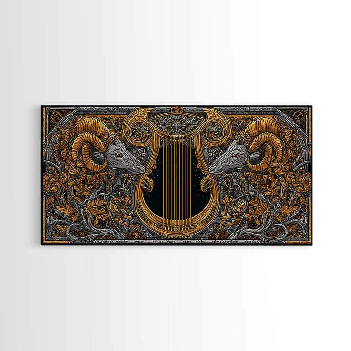 Ornate Ram Lyre, Gold Canvas Print, Real Wood Frame, Mythology Inspired Musical Art, Classical Decorative Artwork