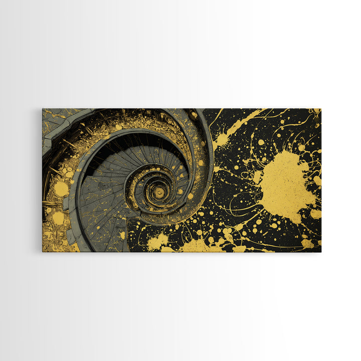 Golden Spiral Staircase, Gold Canvas Art, Real Wood Frame, Splatter Style Abstract Design, Modern Wall Decor