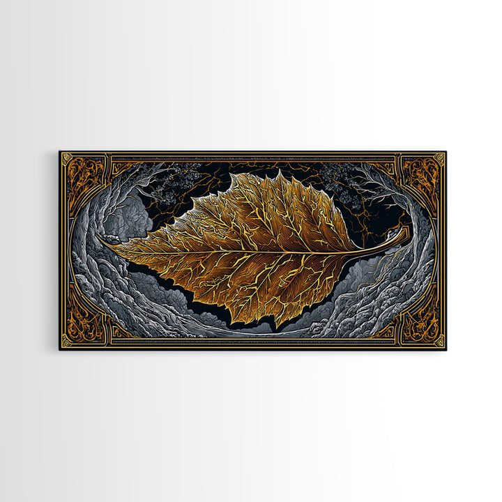 Golden Leaf In Ornate Frame, Gold Canvas Print, Real Wood Frame, Botanical Wall Art, Nature Inspired Decor
