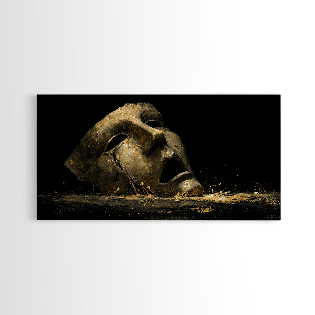 Golden Theatrical Mask, Gold Canvas Print, Real Wood Frame, Dramatic Abstract Artwork, Expressive Wall Art
