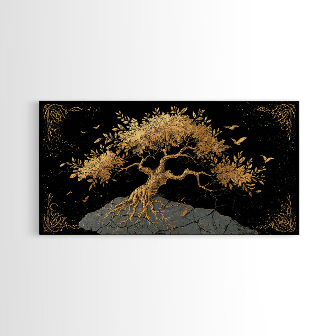 Gold Tree of Life Artwork, Intricate Roots and Leaves, Wood Framed Map Wall Art for Home or Office Décor
