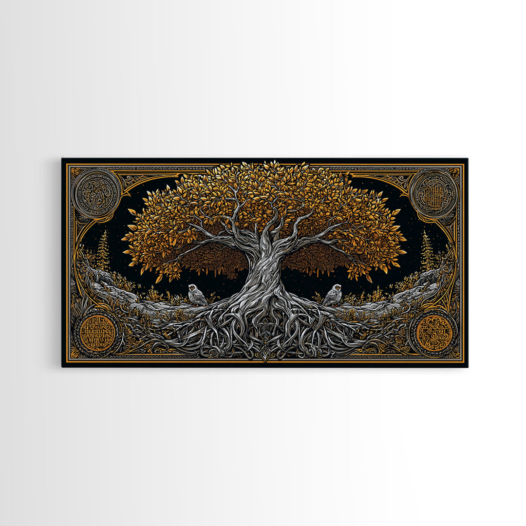Gold Ancient Tree Design with Owls, Ornate Border, Wood Framed Map Wall Art for Classic and Nature-Inspired Spaces