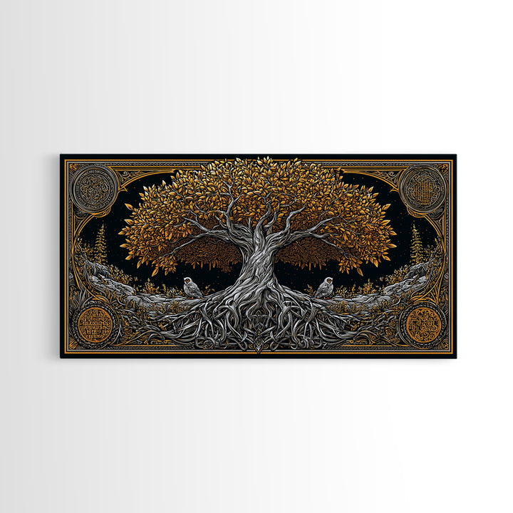 Gold Ancient Tree Design with Owls, Ornate Border, Wood Framed Map Wall Art for Classic and Nature-Inspired Spaces