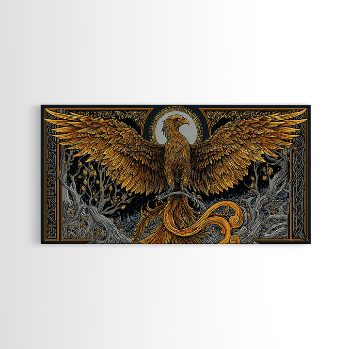 Gold Phoenix Rising Illustration, Majestic Wings, Wood Framed Map Wall Décor for Myth and Fantasy Art Lovers