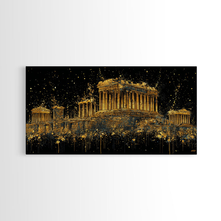 Gold Parthenon Greece Architecture Print, Splatter Art Style, Wood Framed Map Wall Art for Travel and History Fans