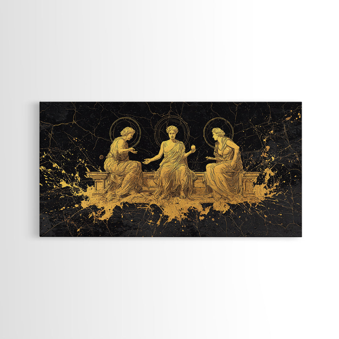 Gold Greek Goddesses Seated in Elegant Marble Scene, Wood Framed Map Wall Décor for Classical Art and Mythology Lovers