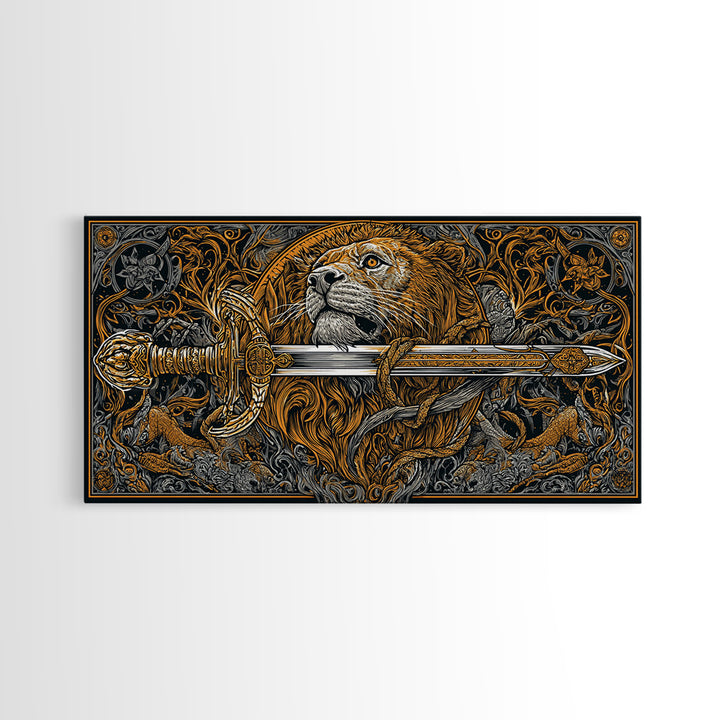 Gold Lion with Ornate Sword, Surrounded by Floral Designs, Wood Framed Map Wall Art for Strength and Courage Symbolism