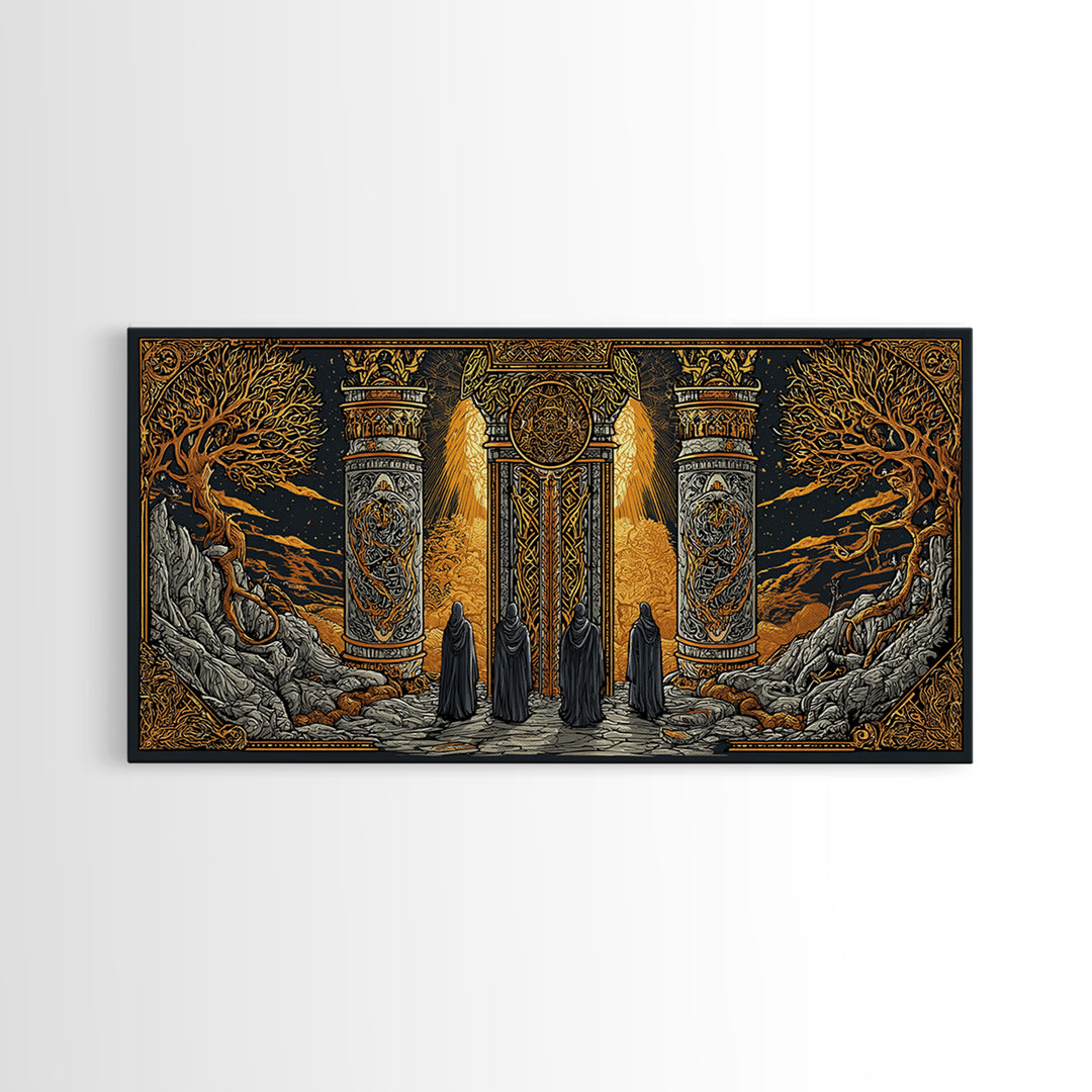 Gold Fantasy Portal Artwork, Glowing Pillars and Trees, Wood Framed Map Wall Décor for Magical and Epic Settings