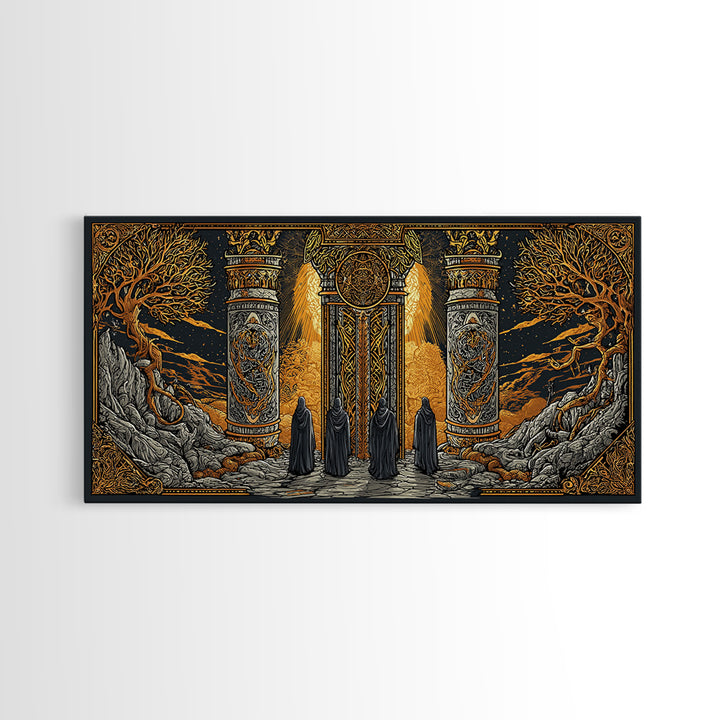 Gold Fantasy Portal Artwork, Glowing Pillars and Trees, Wood Framed Map Wall Décor for Magical and Epic Settings