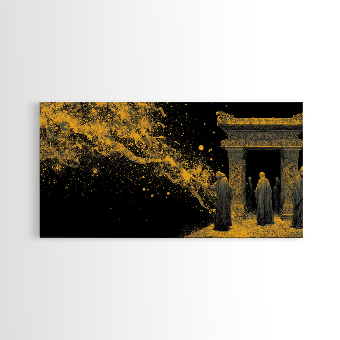 Gold Ancient Gate Scene, Robed Figures and Ornate Carvings, Wood Framed Map Wall Art for Mystery and Fantasy Lovers