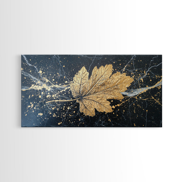 Golden Maple Leaf On Black, Gold Canvas Art, Real Wood Frame, Splatter Style, Nature Wall Decor, Leaf Print