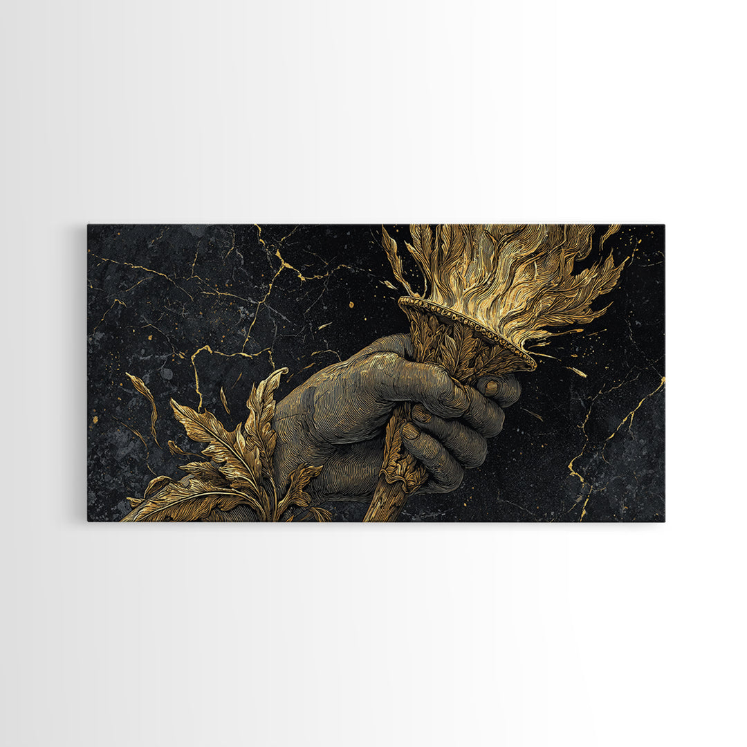 Gold Torch of Triumph Print, Detailed Hand and Flame, Wood Framed Map Wall Décor for Victory and Inspiration Themes