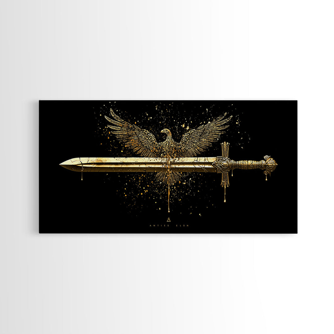 Gold Eagle and Sword Artwork, Splatter Effect Style, Wood Framed Map Wall Art for Power and Freedom Symbolism
