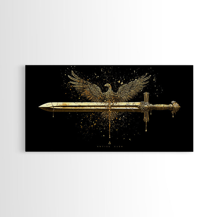 Gold Eagle and Sword Artwork, Splatter Effect Style, Wood Framed Map Wall Art for Power and Freedom Symbolism