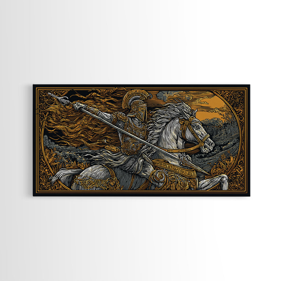 Gold Canvas Print Spartan Warrior on Horseback, Flowing Mane and Spear, Wood Framed Map Wall Art, Ancient Battle, History Lovers