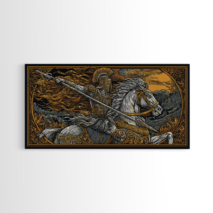 Gold Canvas Print Spartan Warrior on Horseback, Flowing Mane and Spear, Wood Framed Map Wall Art, Ancient Battle, History Lovers
