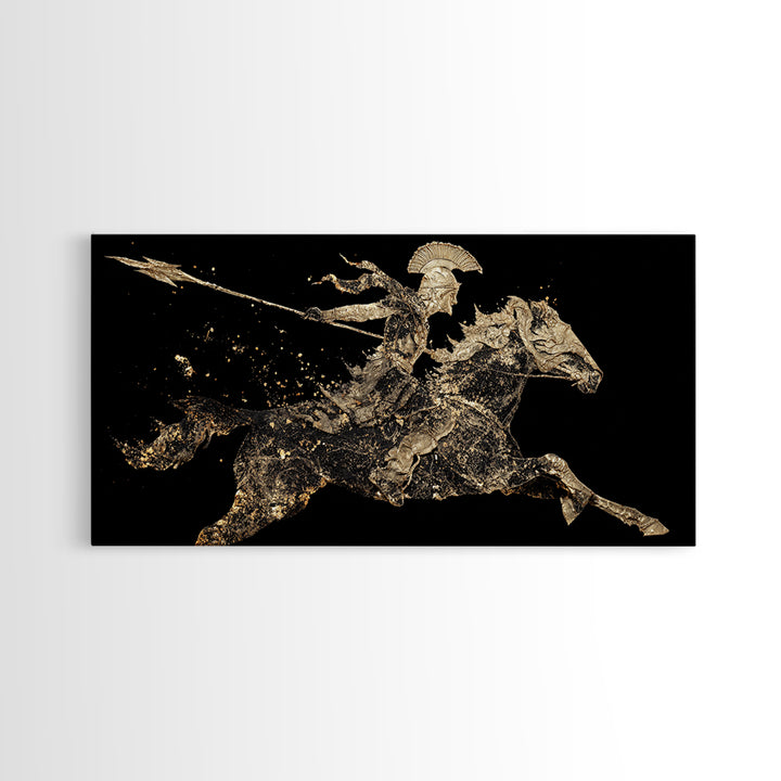 Gold Canvas Art Spartan Rider Silhouette, Splatter Effect Spear Charge, Wood Framed Map Wall Décor, Historical and Warrior-Themed Spaces