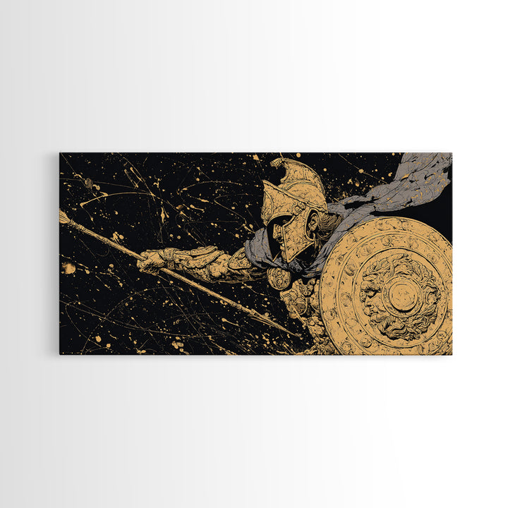 Gold Canvas Print Spartan Soldier with Shield and Spear, Splatter Background, Wood Framed Map Wall Art for Ancient Greece Enthusiasts