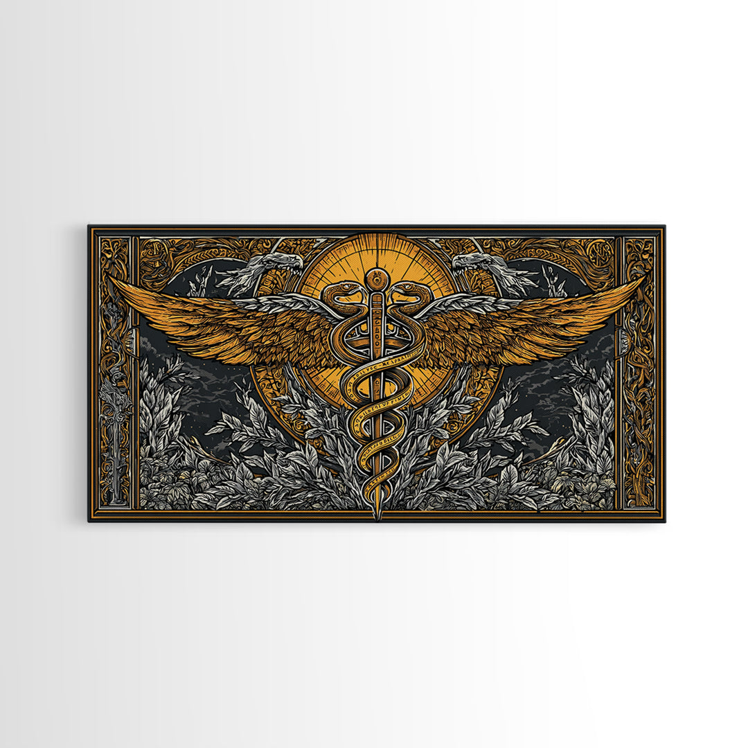 Gold Canvas Art Caduceus Symbol with Wings and Serpents, Ornate Frame, Wood Framed Map Wall Décor for Medical and Healing Symbolism Fans