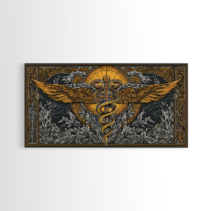 Gold Canvas Art Caduceus Symbol with Wings and Serpents, Ornate Frame, Wood Framed Map Wall Décor for Medical and Healing Symbolism Fans