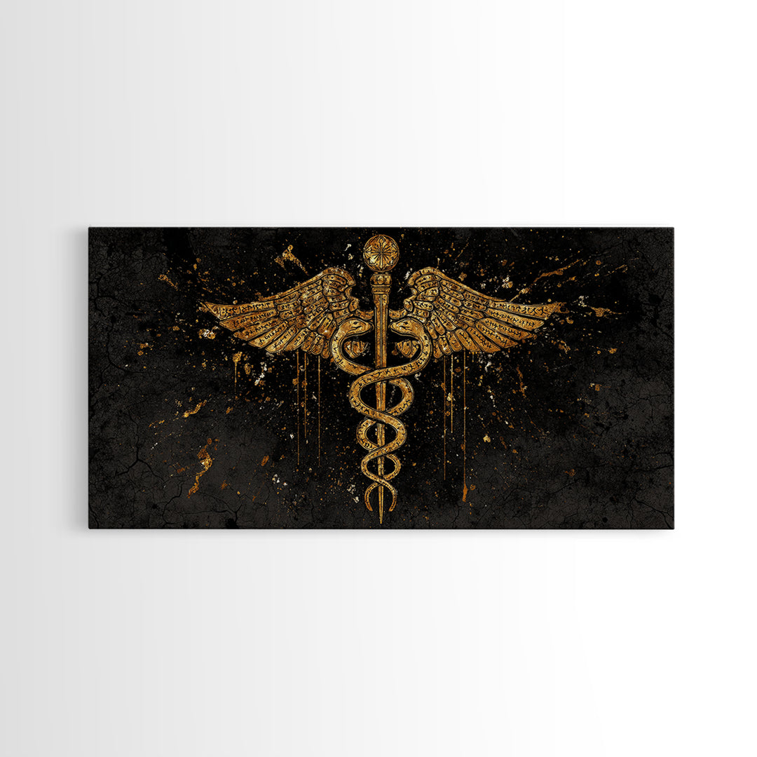 Gold Canvas Print Caduceus Splatter Effect Design, Ancient Script Wings, Wood Framed Map Wall Art for Medicine and Healing Iconography