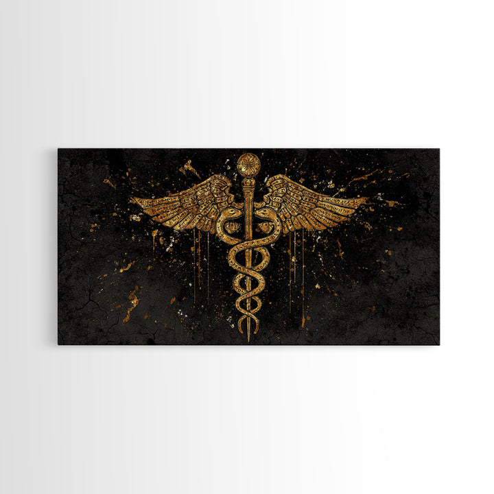 Gold Canvas Print Caduceus Splatter Effect Design, Ancient Script Wings, Wood Framed Map Wall Art for Medicine and Healing Iconography