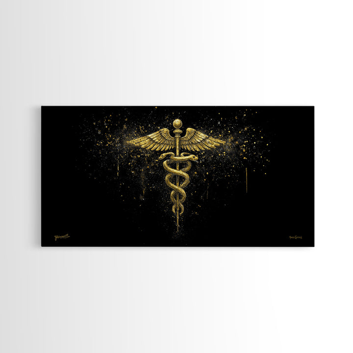 Gold Canvas Art Caduceus Medical Symbol, Splatter Background Art Style, Wood Framed Map Wall Décor for Healthcare, Classical Symbol Lovers