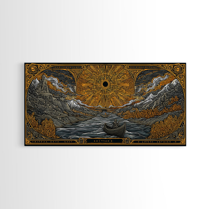 Gold Canvas Print Solar Eclipse Over Mountain Valley, Rowboats and Figures, Wood Framed Map Wall Art for Fantasy and Celestial Lovers