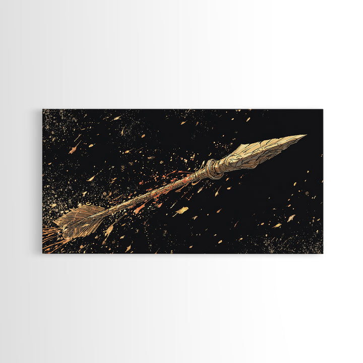 Golden Spear In Flight, Gold Canvas Print, Real Wood Frame, Dynamic Weapon Art, Mythology Inspired Wall Decor