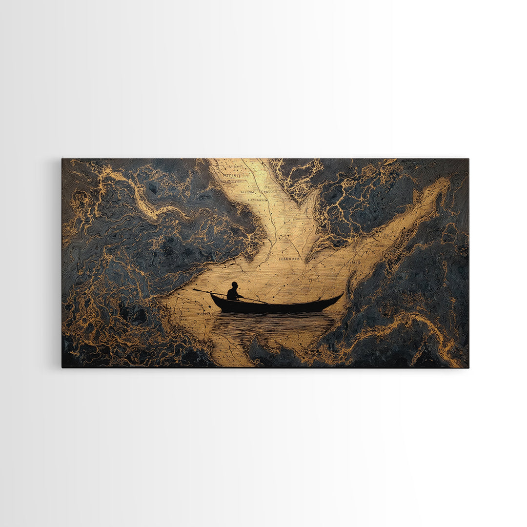 Gold Canvas Art Rowboat Silhouette Over Detailed Map Pattern, Reflective Water, Wood Framed Map Wall Décor, Nautical and Cartographic Fans