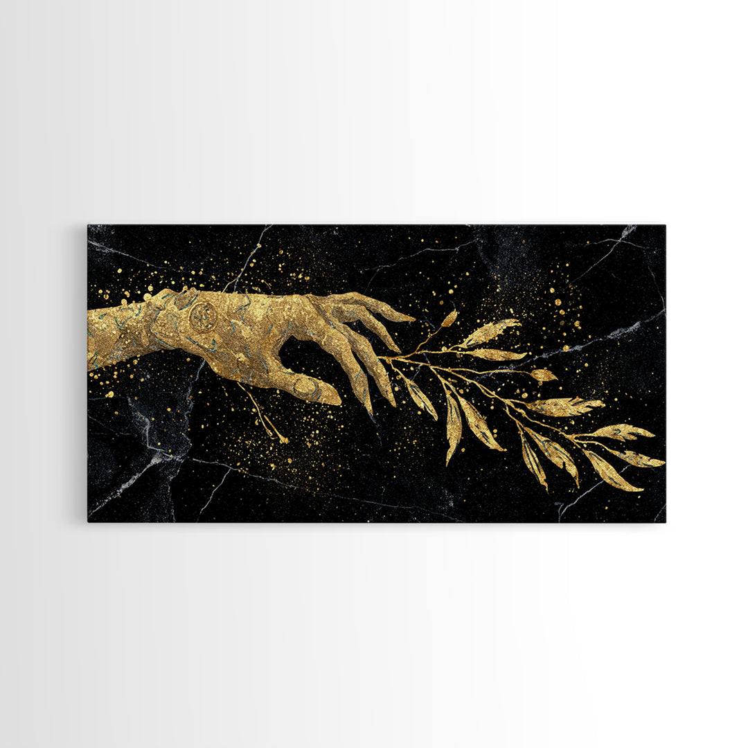 Gold Canvas Print Hand Offering Olive Branch, Splatter Art Marble Texture, Wood Framed Map Wall Art for Peace and Nature Symbolism