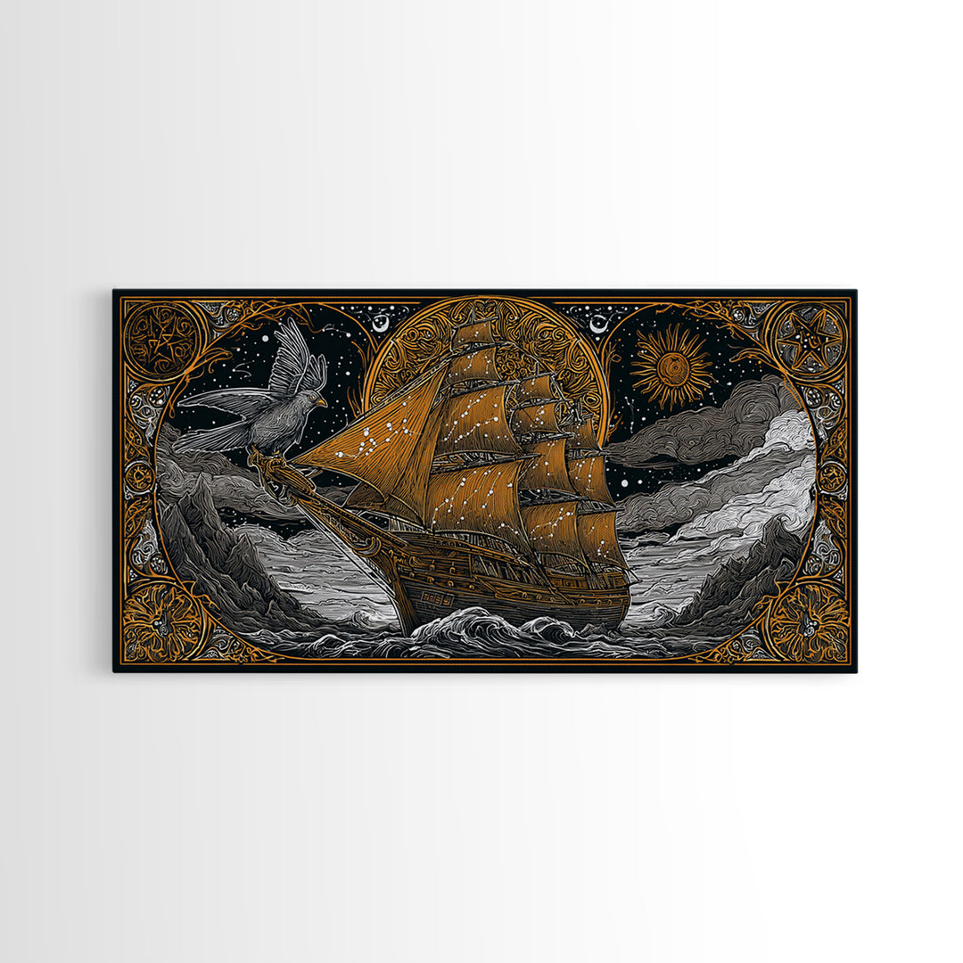 Gold Canvas Art Sailing Ship with Raven Figurehead, Starry Night and Waves, Wood Framed Map Wall Décor, Nautical and Mythic Voyage Lovers