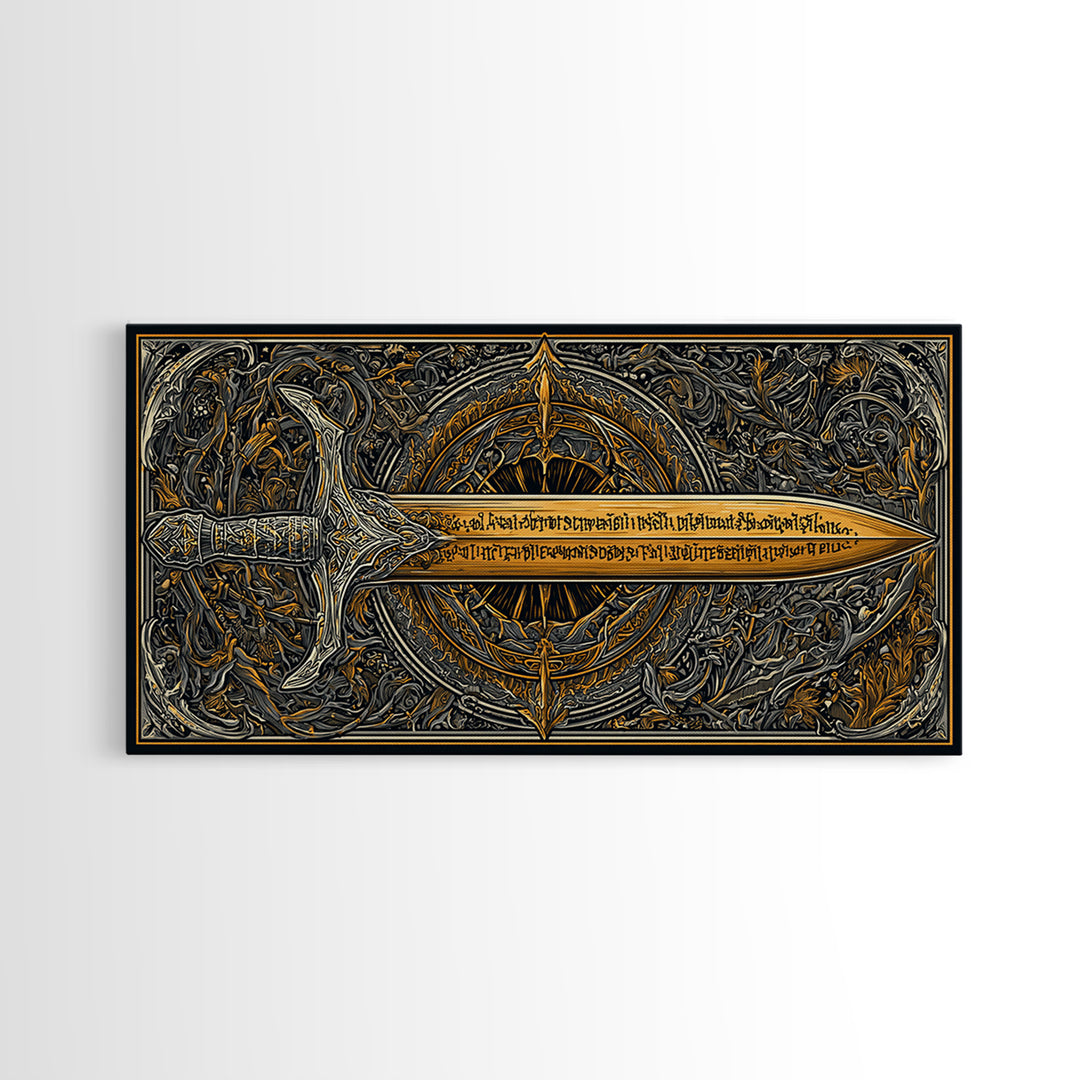 Gold Canvas Print of Ornate Sword and Compass Design, Engraved Blade and Decorative Frame, Wood Framed Map Wall Décor
