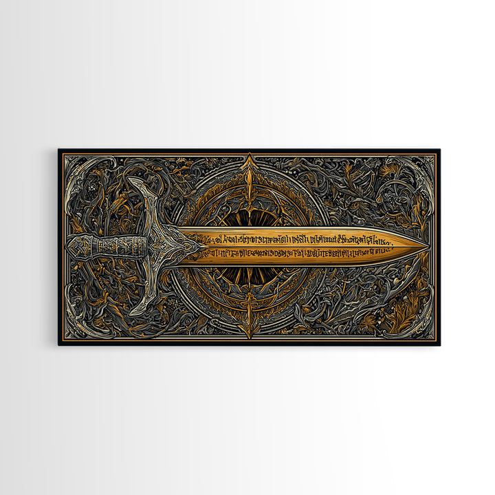 Gold Canvas Print of Ornate Sword and Compass Design, Engraved Blade and Decorative Frame, Wood Framed Map Wall Décor