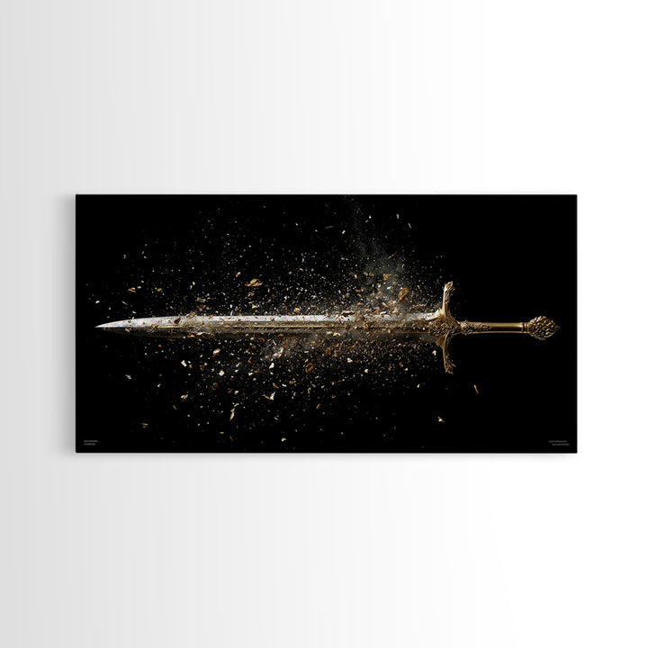 Gold Canvas Art of Shattering Sword in Mid-Air, Detailed Blade Explosion and Dark Background, Wood Framed Map Wall Art Display
