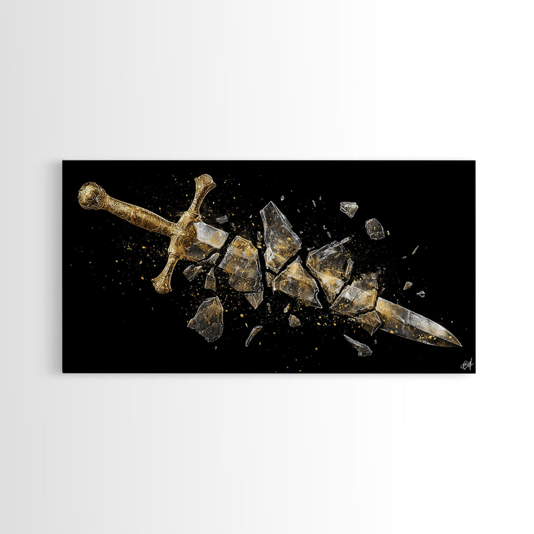 Gold Canvas Print of Broken Sword in Fragments, Detailed Golden Hilt and Blade Shards, Wood Framed Map Wall Décor Accent