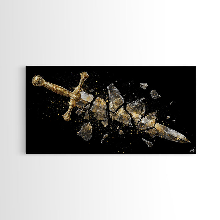 Gold Canvas Print of Broken Sword in Fragments, Detailed Golden Hilt and Blade Shards, Wood Framed Map Wall Décor Accent