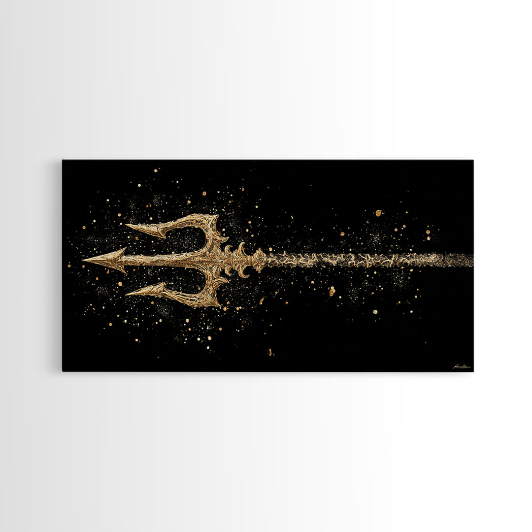 Gold Canvas Art of Decorative Trident in Motion, Splatter Effect on Black Background, Wood Framed Map Wall Art for Nautical Themes