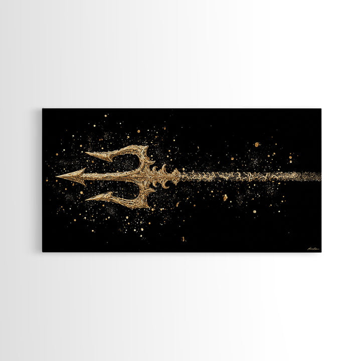 Gold Canvas Art of Decorative Trident in Motion, Splatter Effect on Black Background, Wood Framed Map Wall Art for Nautical Themes