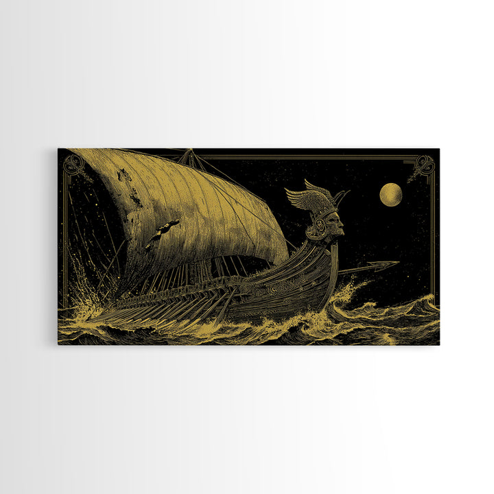 Gold Canvas Print of Ancient Greek Warship at Sea, Detailed Engraving Style and Waves, Wood Framed Map Wall Art for History