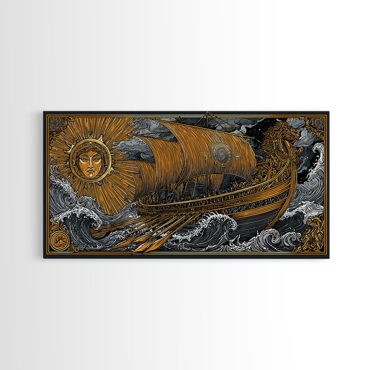 Gold Canvas Art of Sun and Ship Scene, Lion Figurehead and Ocean Waves, Detailed Decorative Style, Wood Framed Map Wall Décor