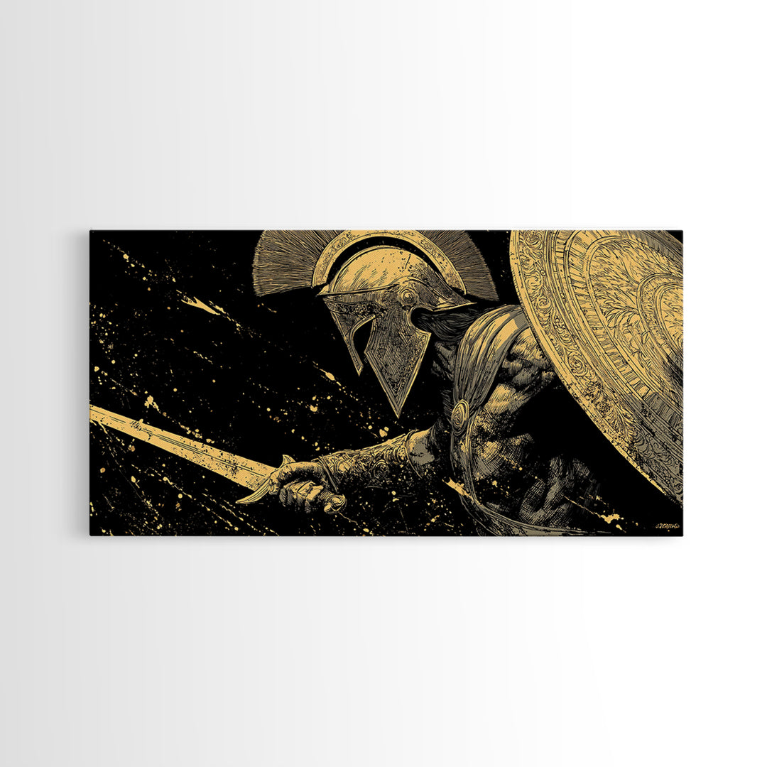 Gold Canvas Print of Spartan Warrior in Battle Pose, Detailed Shield and Sword, Splatter Background, Wood Framed Map Wall Art