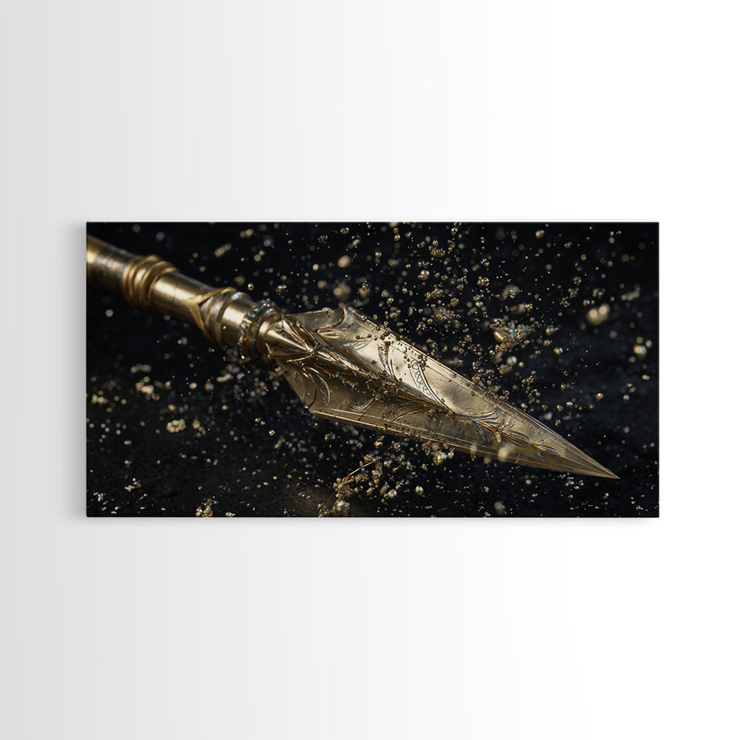 Ornate Golden Spearhead, Gold Canvas Art, Real Wood Frame, Close-Up Weapon Detail, Mythology Inspired Wall Decor