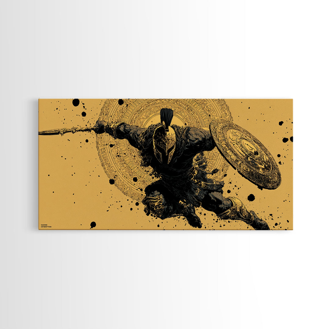 Gold Canvas Art of Spartan Soldier Leaping Forward with Spear and Shield, Decorative Armor and Mandala, Wood Framed Map Wall Décor