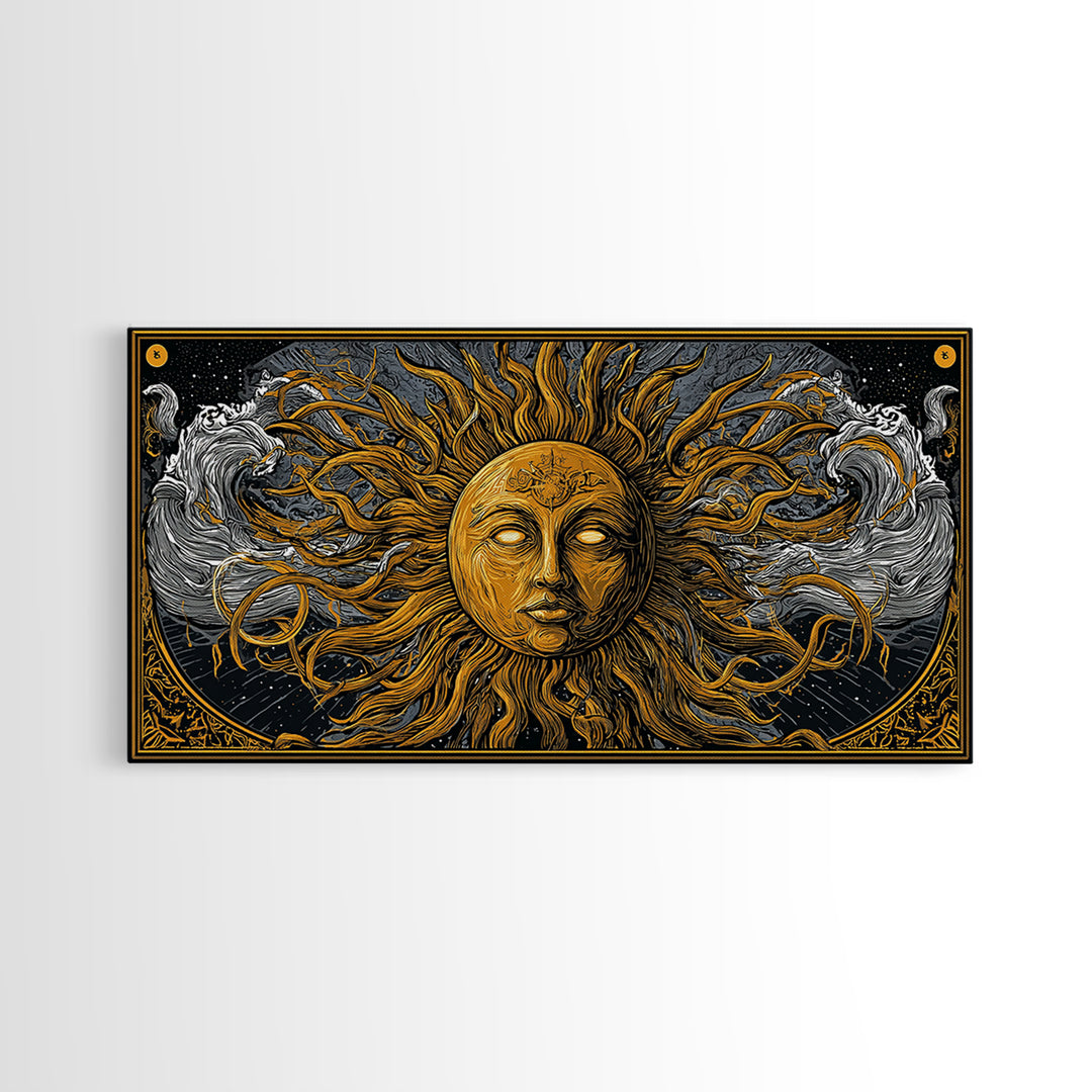 Gold Canvas Print of Sun Face with Flowing Hair and Ocean Waves, Detailed Mythological Design, Wood Framed Map Wall Décor